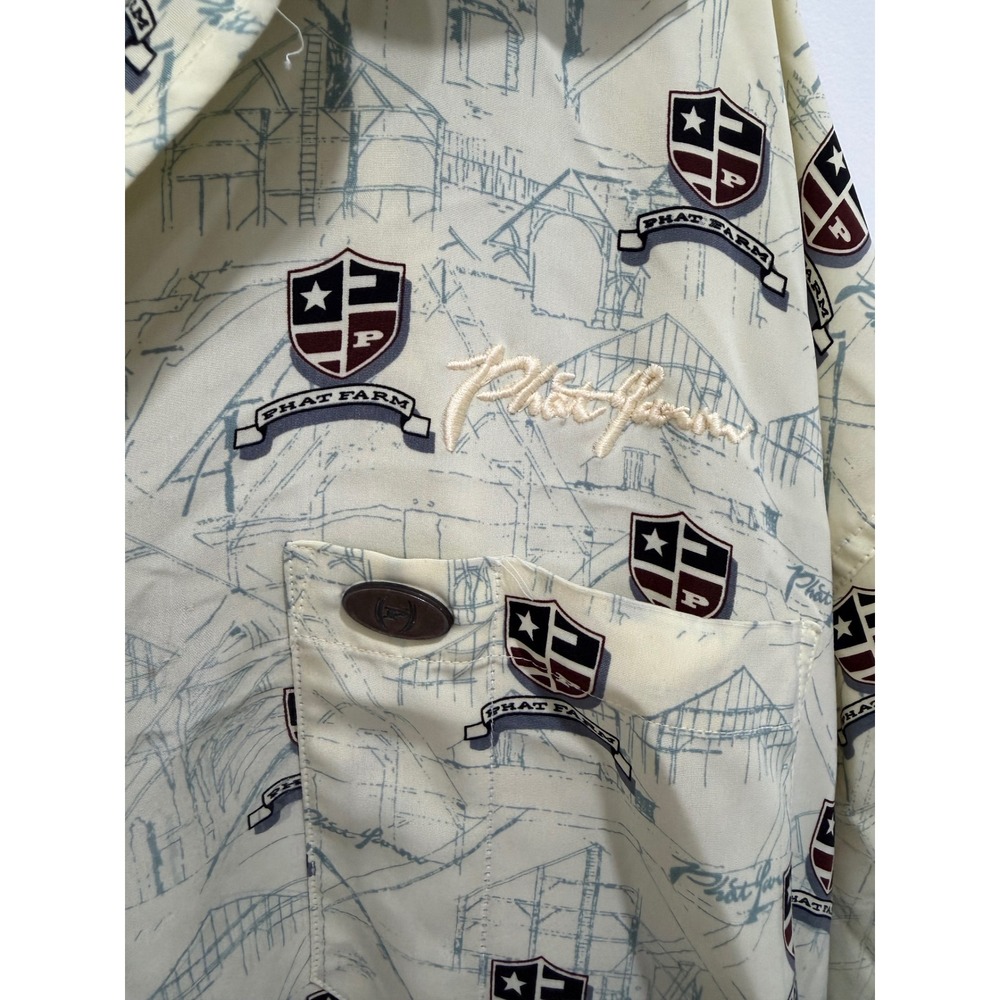 Vintage Phat Farm Mens 3XL Cream All Over Print Crest Button Down Shirt 90s Y2K